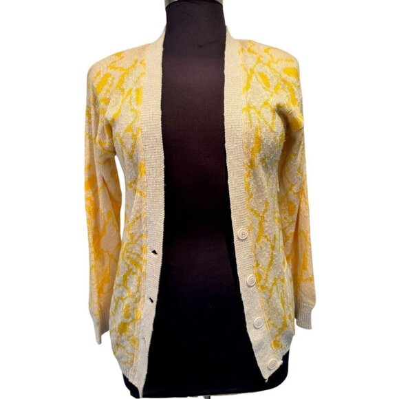 Vintage Jordan Marsh Yellow White Cardigan Sweater Medium Shoulder Pads‎ Italy - Picture 1 of 11